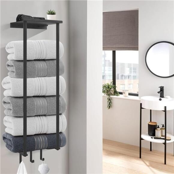 Towel Racks, Vertical Towel Storage with Metal Shelf and 3 Hooks - Picture 5 of 8